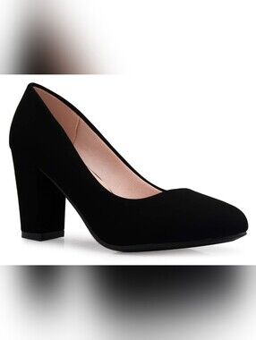 Women's Black Classic Round-Toe Platform Pumps High Block Heel Comfy Style, 8